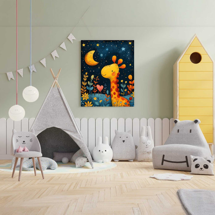 Wadi Home Whimsical Giraffe Under the Moon Nursery Art. A friendly giraffe gazes at a crescent moon and starry sky in this vibrant artwork.