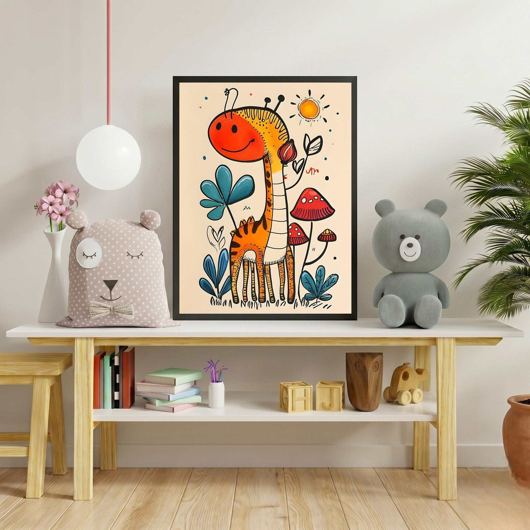 Wadi Home Whimsical giraffe art print with red mushrooms and blue leaves, perfect for a child's room.