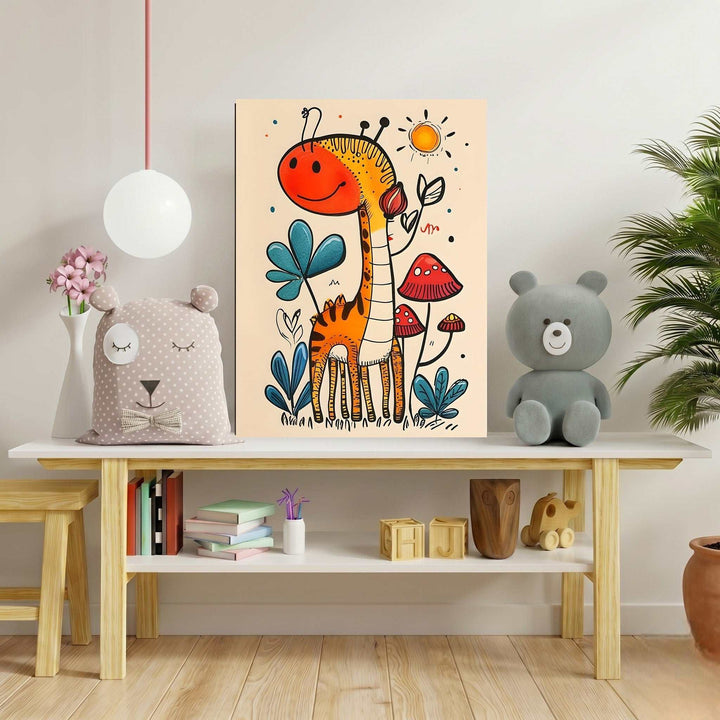Wadi Home Whimsical giraffe and mushroom art print for kids' room. Features a smiling giraffe with orange and black stripes, surrounded by red mushrooms and blue leaves.