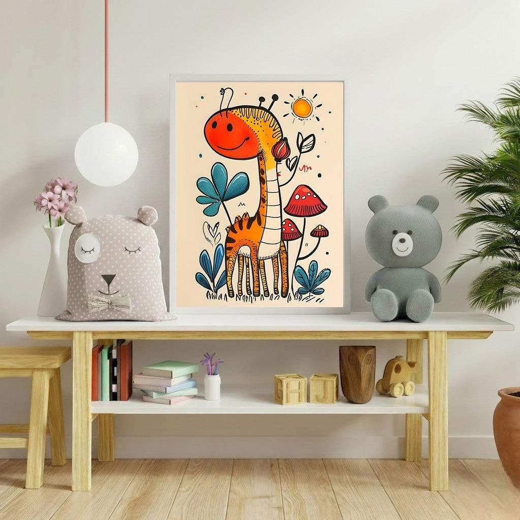 Wadi Home Whimsical Giraffe and Mushroom Art Print for kids room. Features a cartoon giraffe with orange and black stripes, surrounded by red mushrooms and blue foliage.
