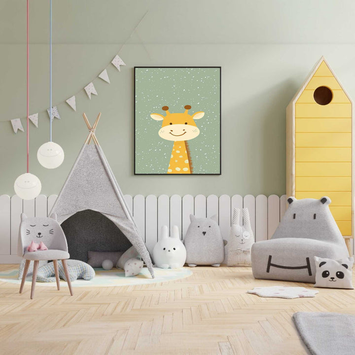 Wadi Home cute giraffe nursery wall art with a cheerful illustration on a green speckled background, perfect for a child's room.