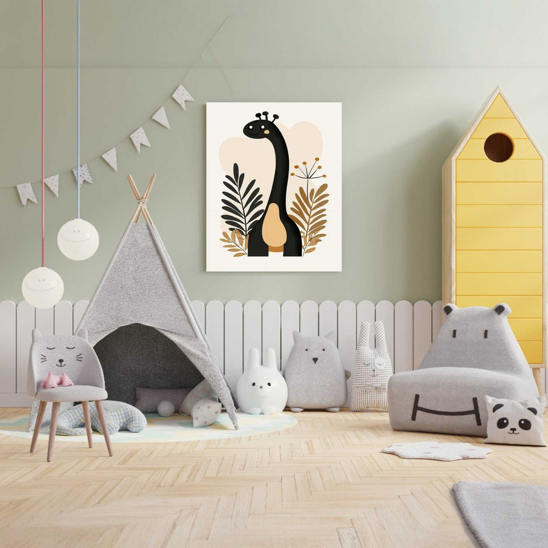 Wadi Home whimsical giraffe nursery wall art with black, beige, and muted gold abstract foliage.