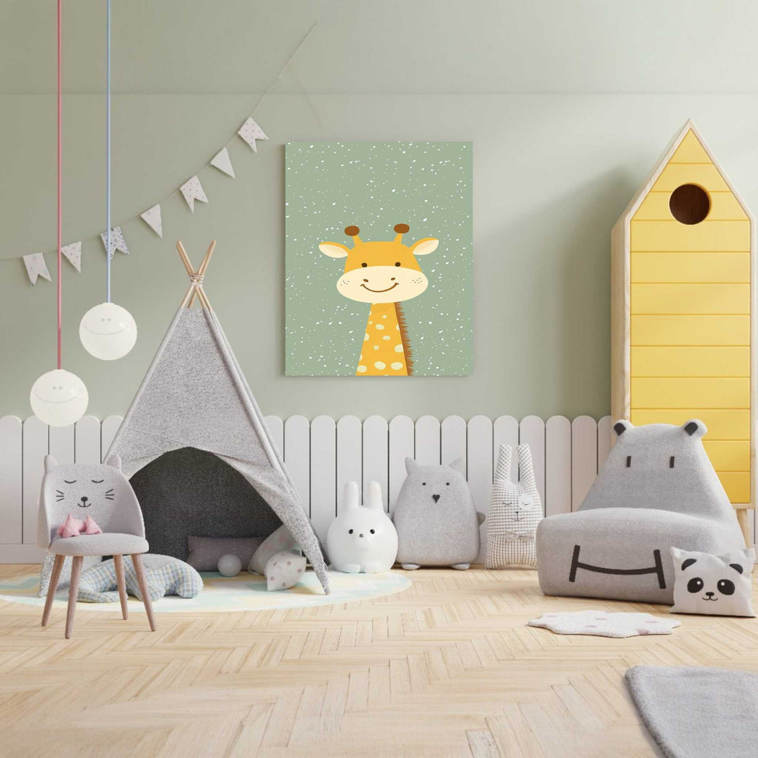 Wadi Home cute giraffe nursery wall art with green speckled background, perfect for a child's room.