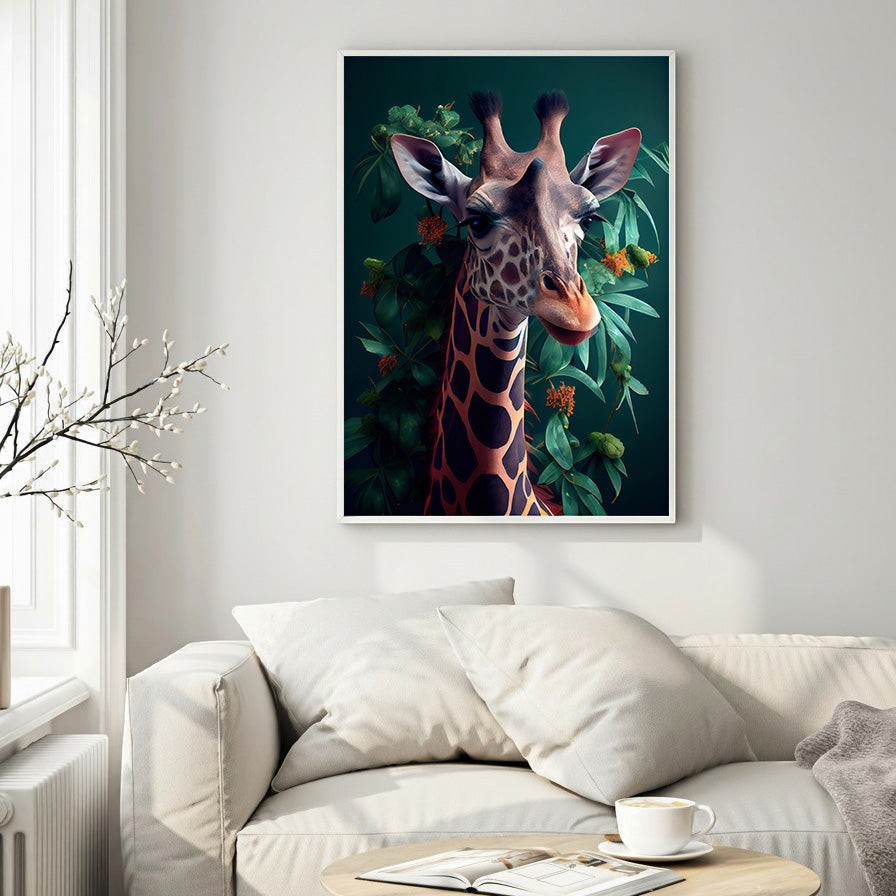 Wadi Home Giraffe portrait art with lush green foliage and orange accents. Detailed wildlife painting for nature lovers.