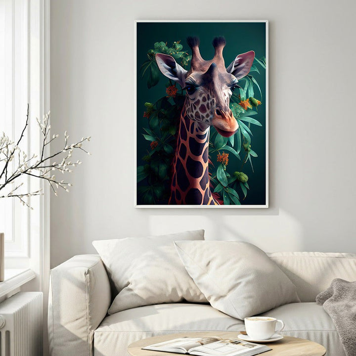 Wadi Home Giraffe portrait art with lush green foliage and orange accents. Detailed wildlife painting for nature lovers.