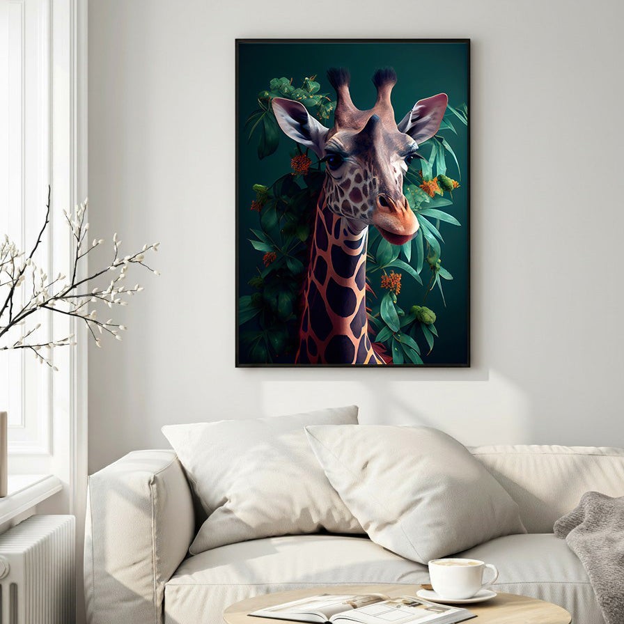 Wadi Home Giraffe portrait artwork with lush green foliage and orange accents. Captures gentle gaze and rich textures.