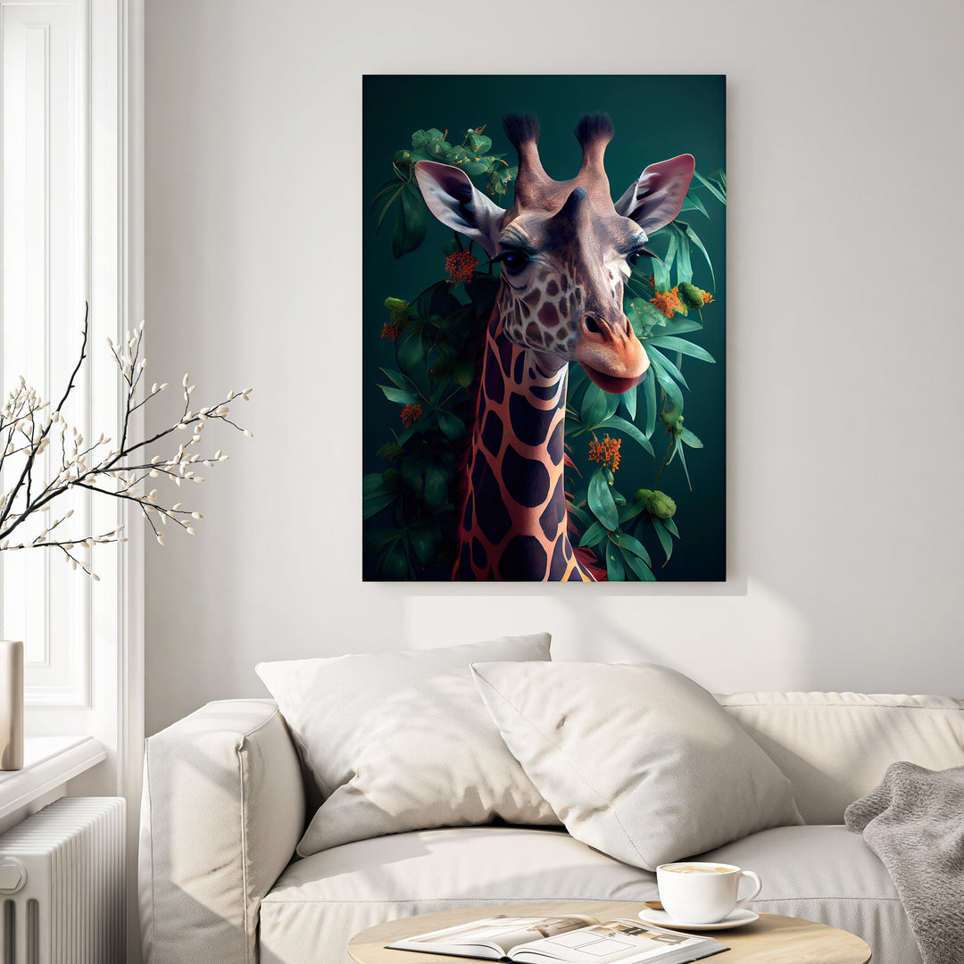 Wadi Home Giraffe portrait artwork with lush green foliage and orange accents, featuring a giraffe's gentle gaze.