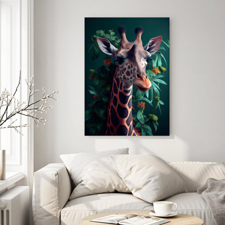 Wadi Home Giraffe portrait artwork with lush green foliage and orange accents, featuring a giraffe's gentle gaze.