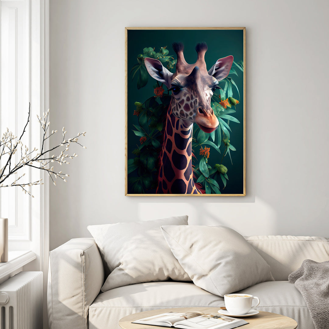 Wadi Home Giraffe portrait artwork with lush green foliage and orange accents, featuring a giraffe's gentle gaze.
