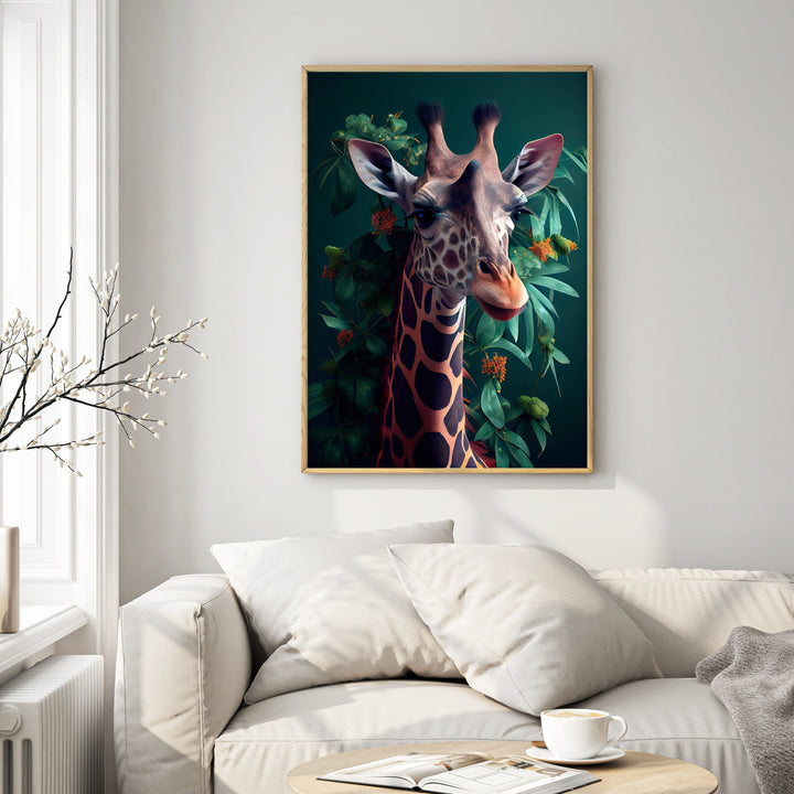 Wadi Home Giraffe portrait artwork with lush green foliage and orange accents, featuring a giraffe's gentle gaze.