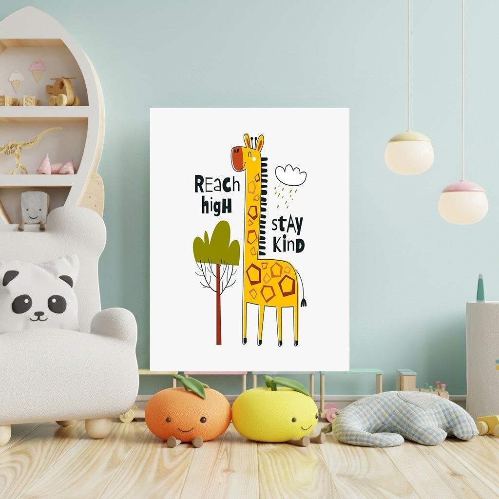 Wadi Home yellow giraffe wall art with 'Reach High, Stay Kind' text and a tree, perfect for nursery decor.