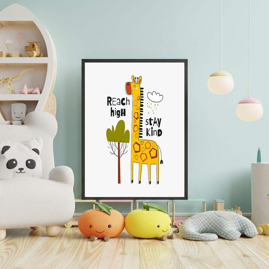 Wadi Home framed wall art featuring a yellow giraffe with a positive message "Reach High, Stay Kind" for a child's room.