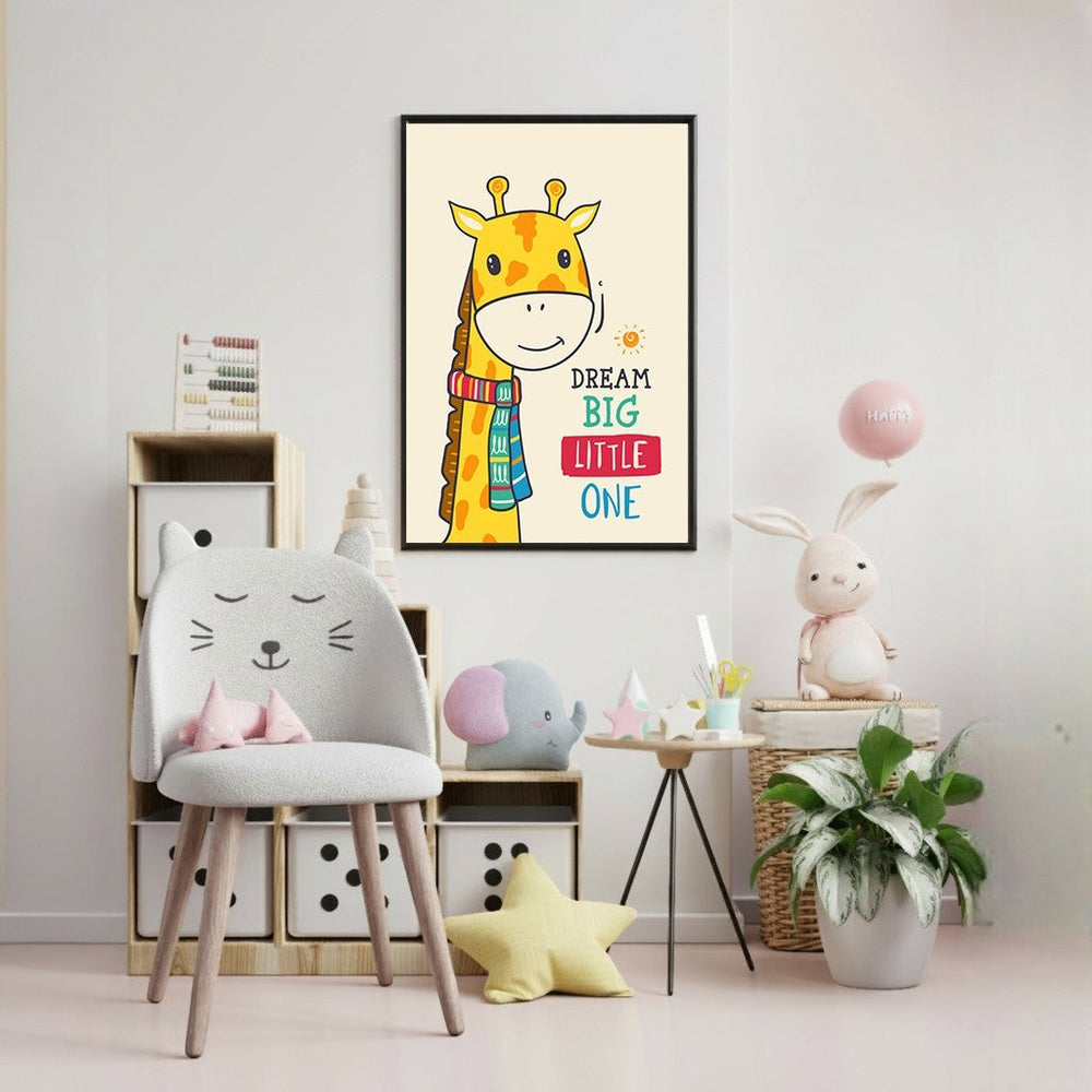 Wadi Home Dream Big Little One giraffe wall art with colorful scarf and uplifting message, perfect for nursery decor.