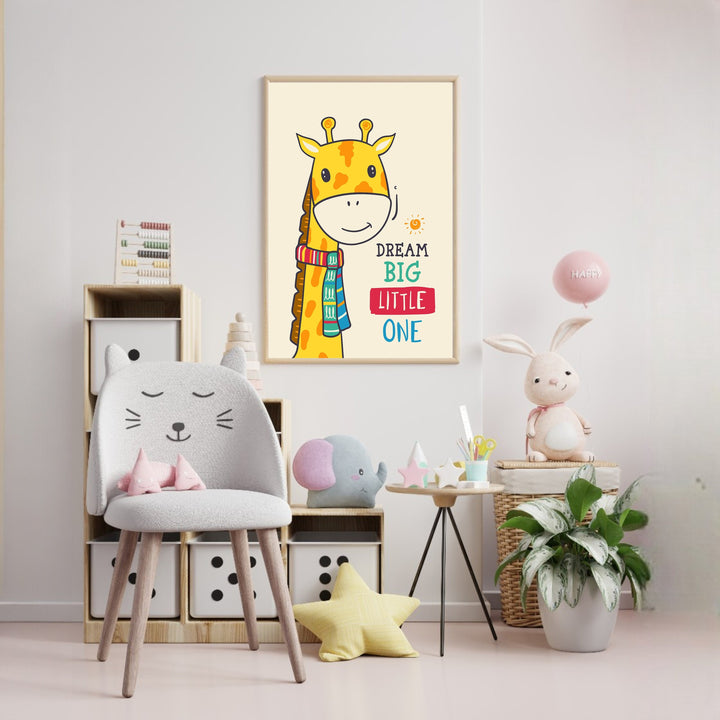 Wadi Home Dream Big Little One giraffe wall art with colorful scarf and uplifting message, perfect for nursery decor.