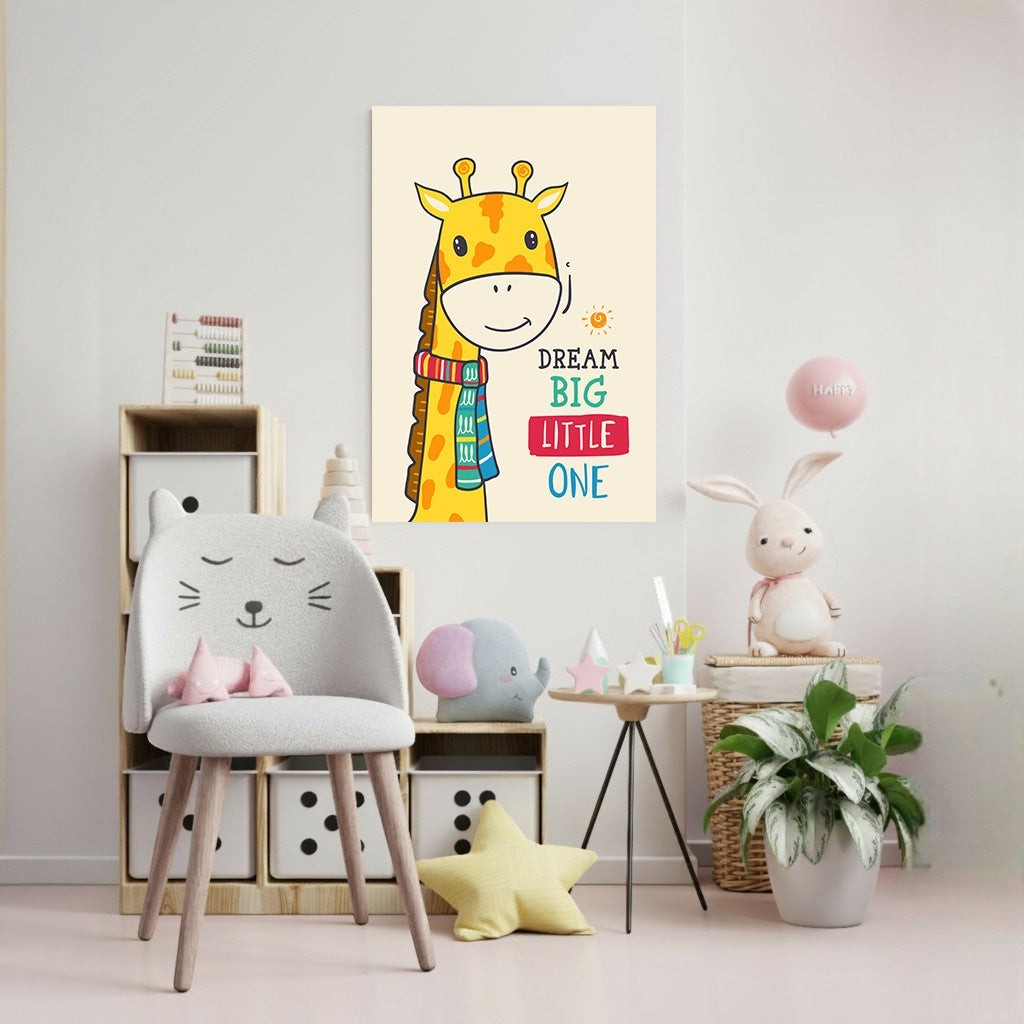 Wadi Home Dream Big Little One giraffe wall art with colorful scarf and uplifting message for nursery.