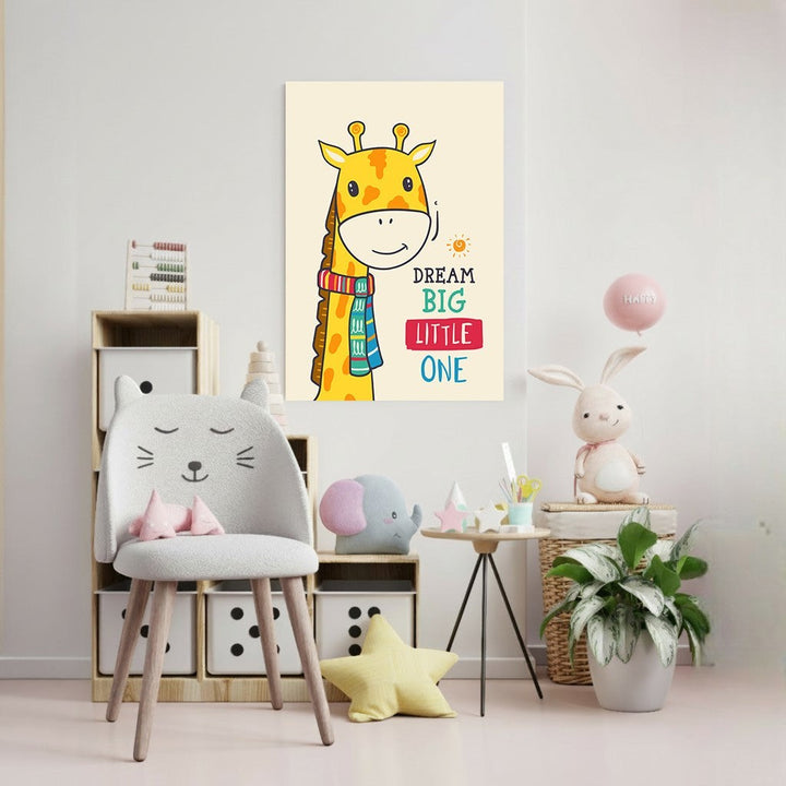 Wadi Home Dream Big Little One giraffe wall art with colorful scarf and uplifting message for nursery.