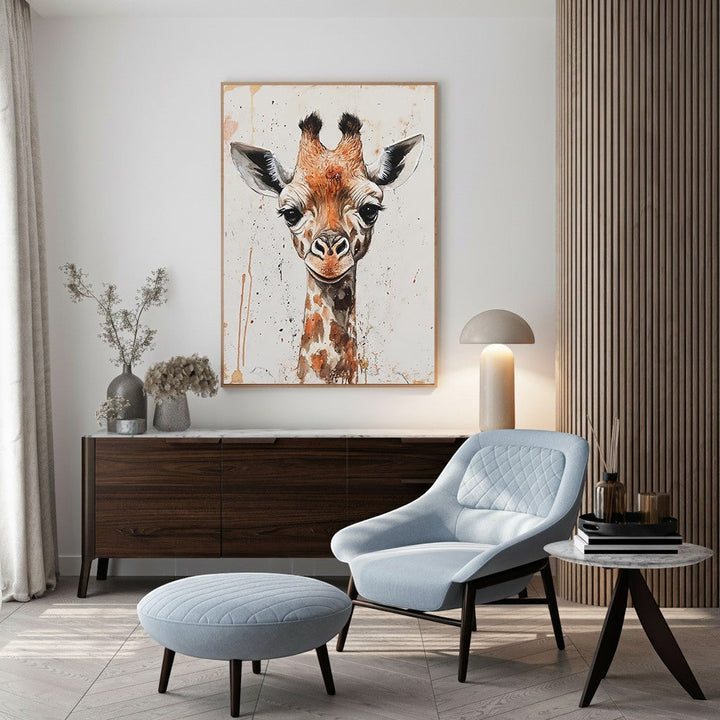 Wadi Home Giraffe portrait wall art in watercolor style with earthy tones and subtle splatters.