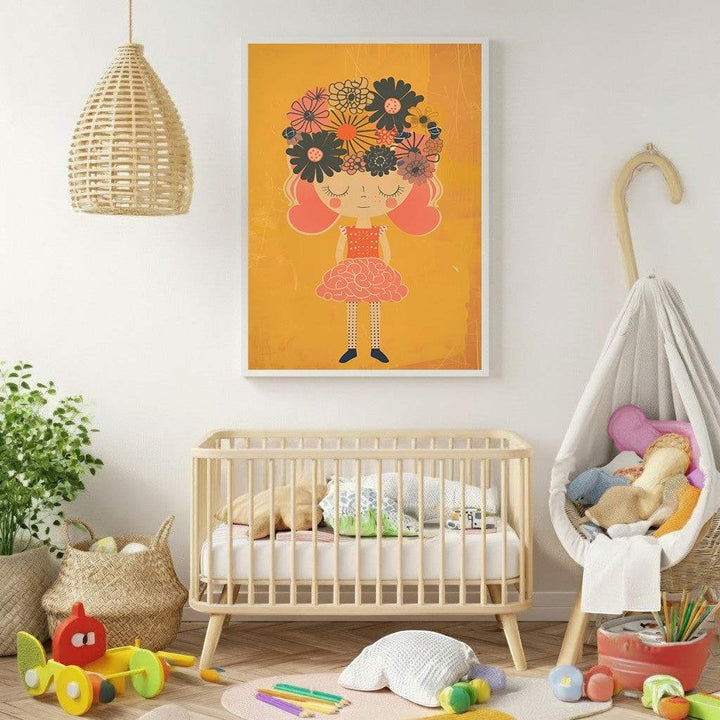 Wadi Home whimsical girl with floral headdress wall art in a nursery, featuring a girl with pink hair and a colorful flower crown on an orange textured background.