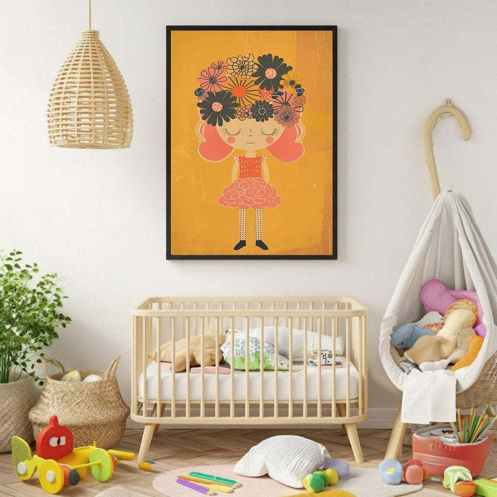 Wadi Home whimsical girl with floral headdress wall art in orange and pink, perfect for a child's room.