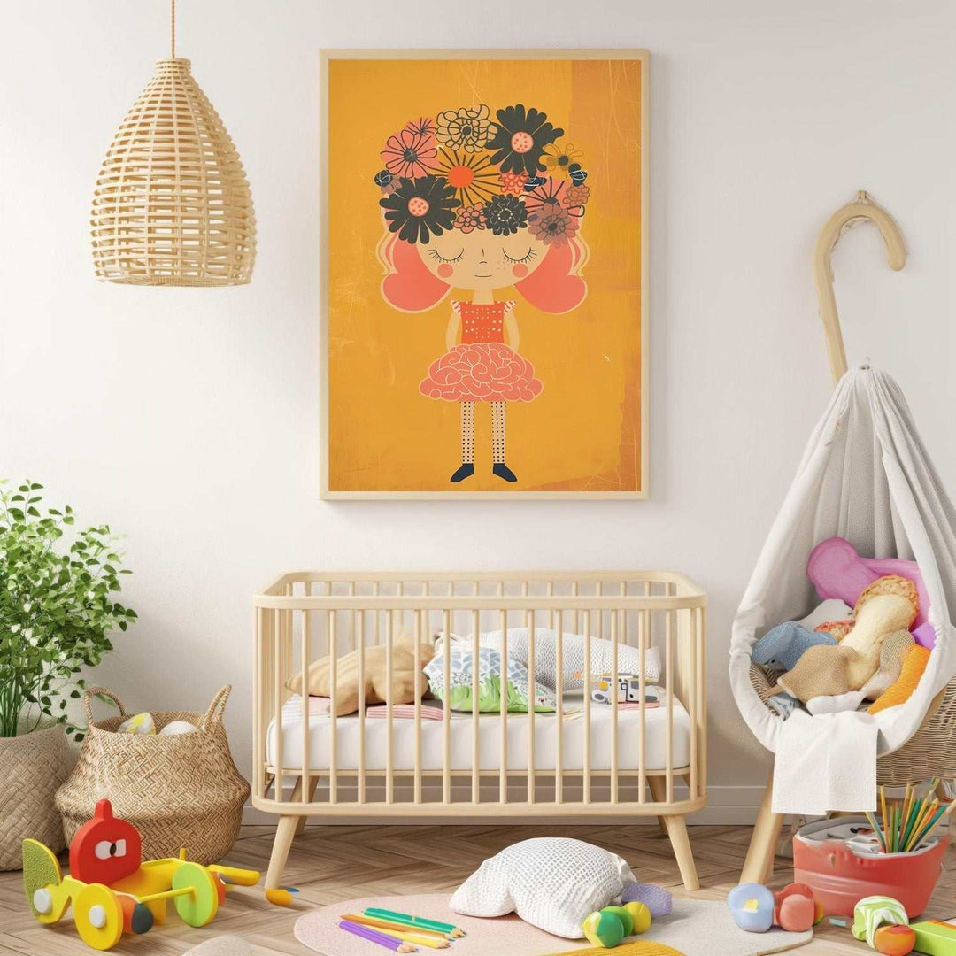 Wadi Home whimsical girl wall art with floral headdress, orange background, pink dress, and coral skirt.