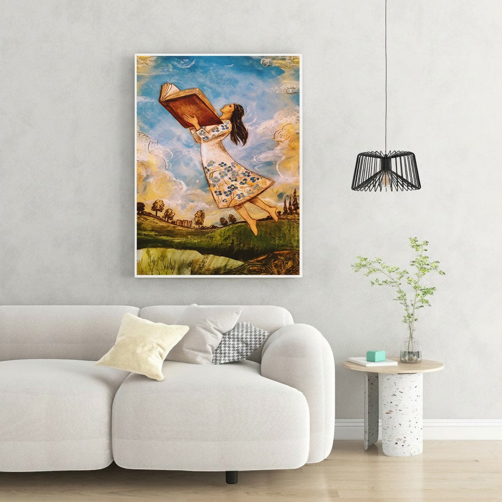 Wadi Home artwork: Girl flying with a book, wearing a floral dress, over a whimsical landscape.