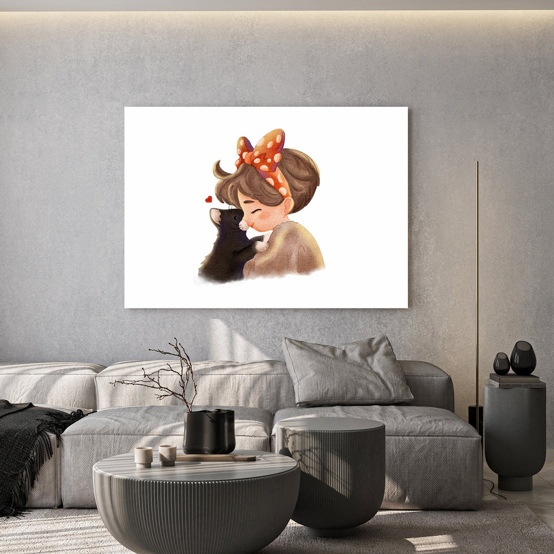 Wadi Home artwork of a girl hugging a black cat with a red bow, watercolor style.