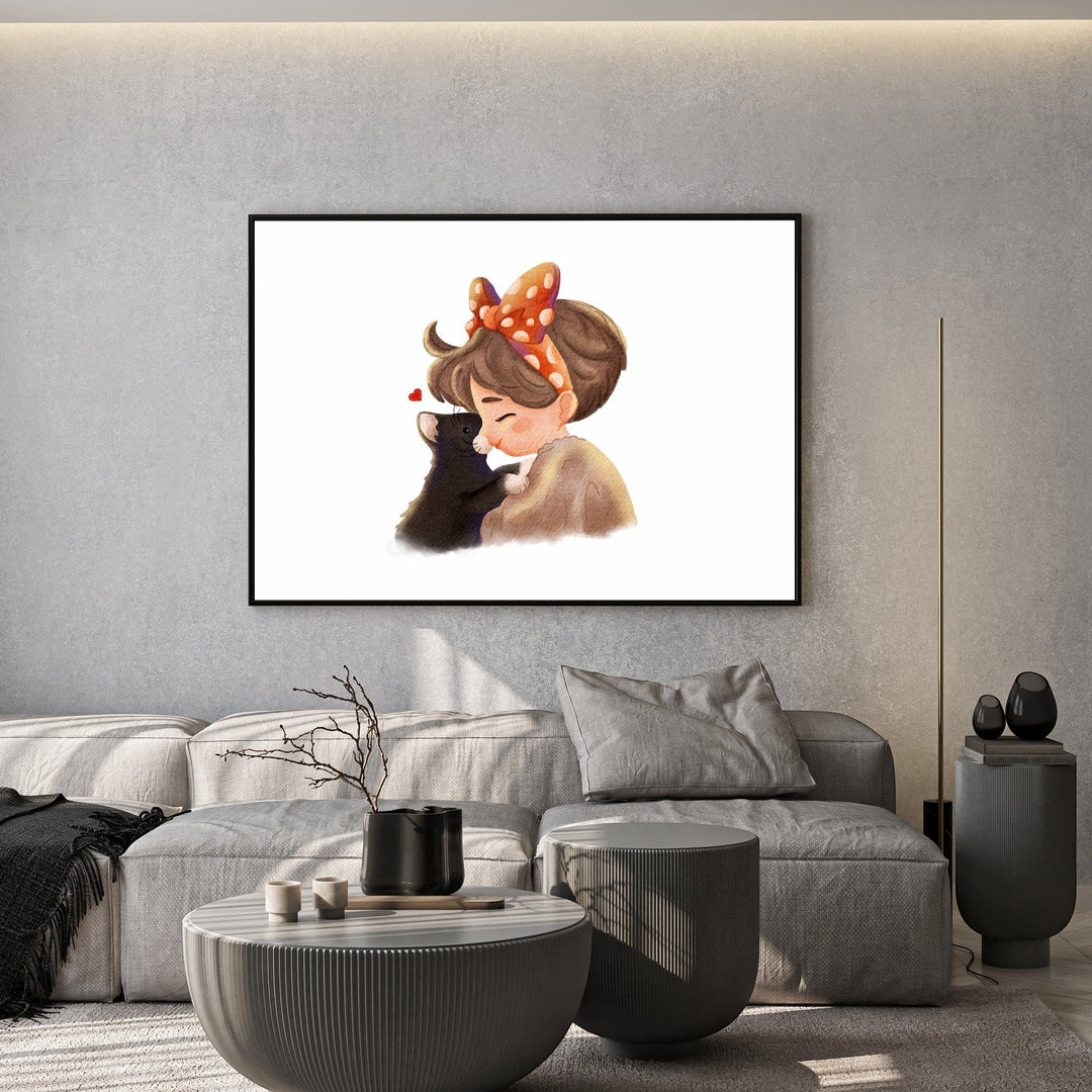 Wadi Home artwork of a girl hugging a black cat with a red bow, watercolor style.