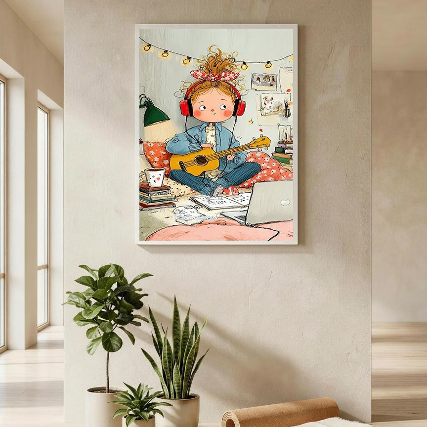 Wadi Home artwork of a young girl with red headphones playing a guitar, surrounded by books and a laptop.