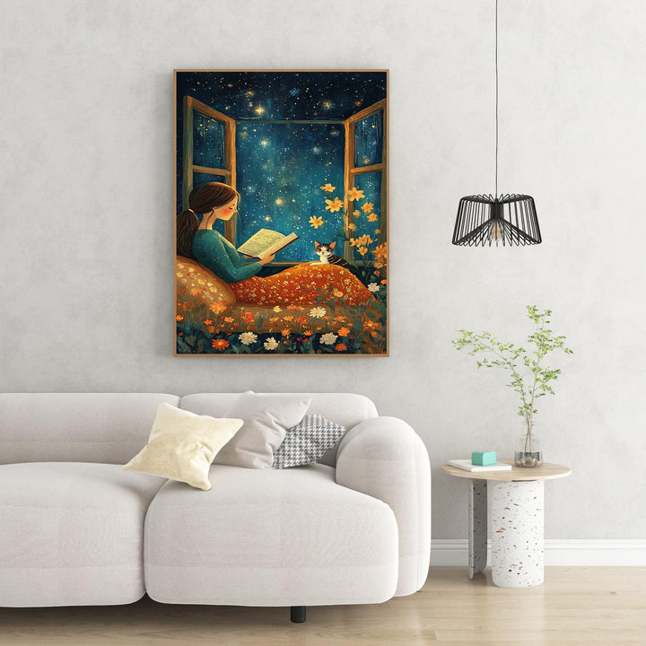 Wadi Home girl reading by window under starry sky with cat and flowers, whimsical wall art.