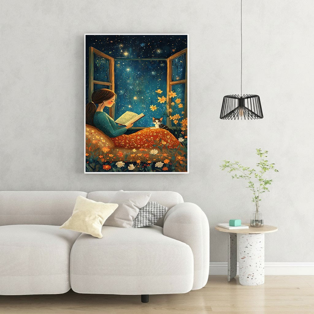 Wadi Home girl reading under a starry night sky, surrounded by flowers and a cat.