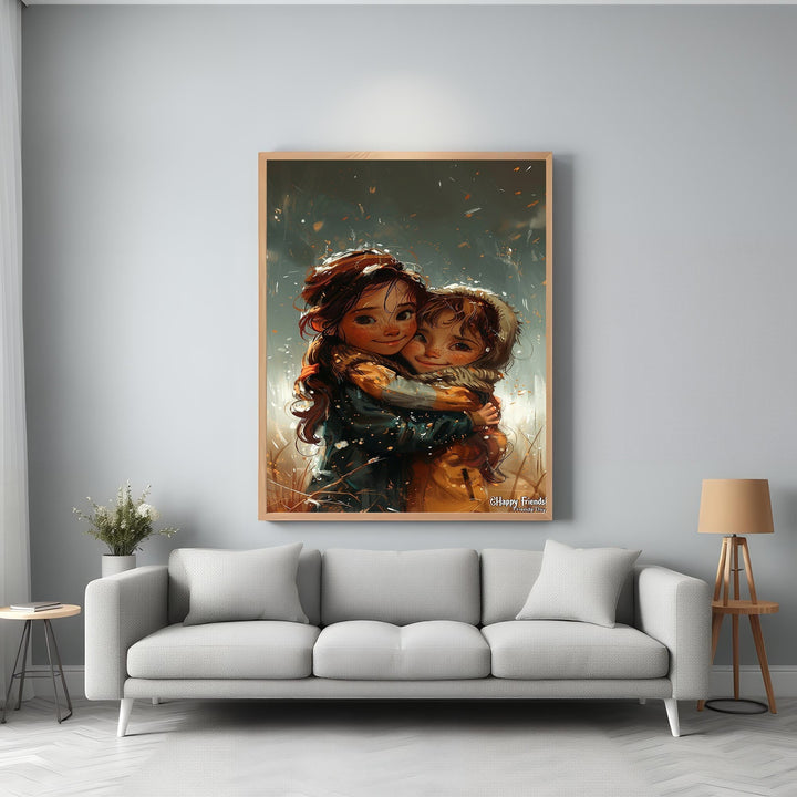 Wadi Home artwork of two girls with brown hair hugging in a field, evoking warmth and friendship.