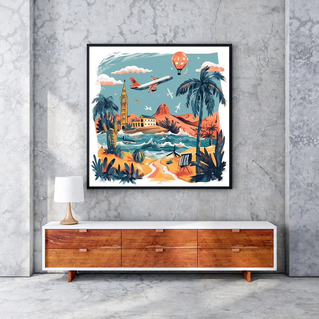 Wadi Home Global Travel Adventure Wall Art featuring a vibrant collage of travel destinations including Big Ben, beaches, deserts, and airplanes.