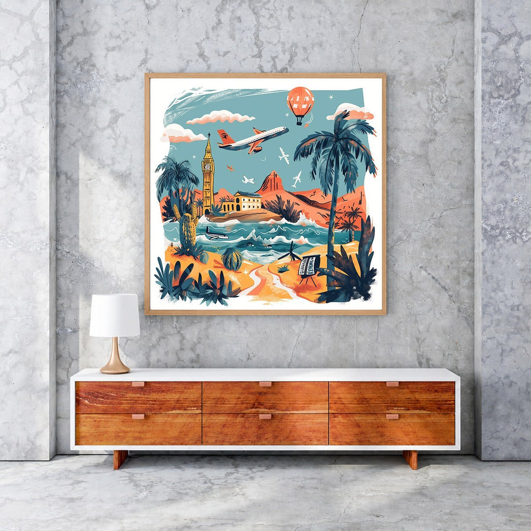 Wadi Home Global Travel Adventure Wall Art featuring a vibrant collage of travel destinations including Big Ben, beaches, deserts, and airplanes.