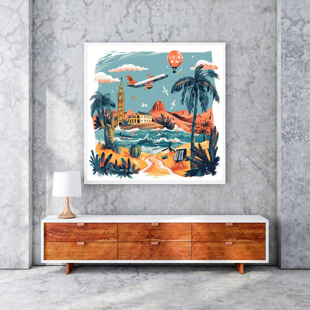 Wadi Home Global Travel Adventure Wall Art featuring a vibrant collage of travel destinations including Big Ben, tropical beaches, desert landscapes, and air travel.