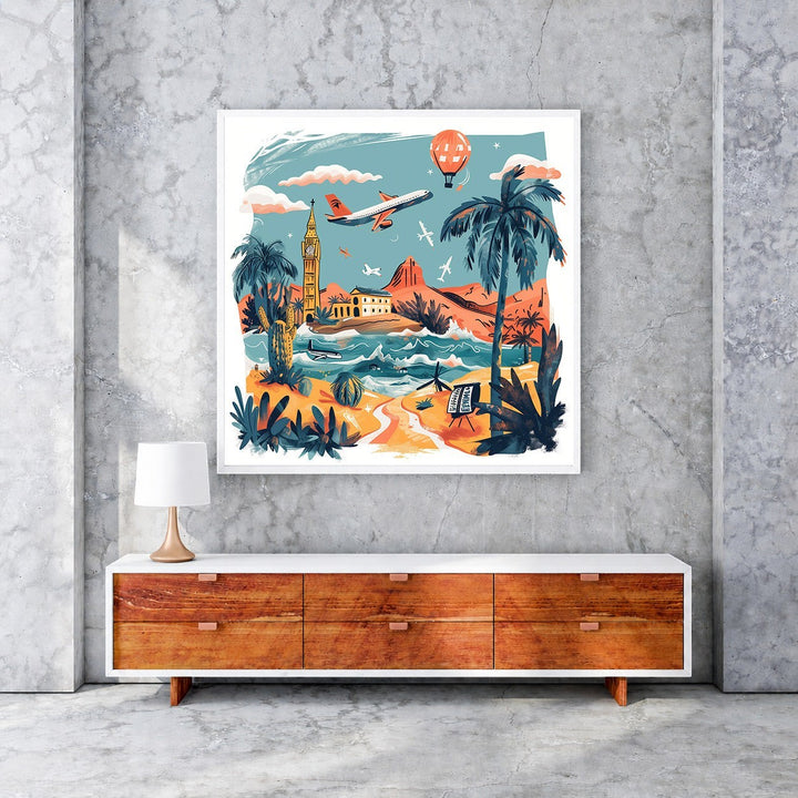 Wadi Home Global Travel Adventure Wall Art featuring a vibrant collage of travel destinations including Big Ben, tropical beaches, desert landscapes, and air travel.