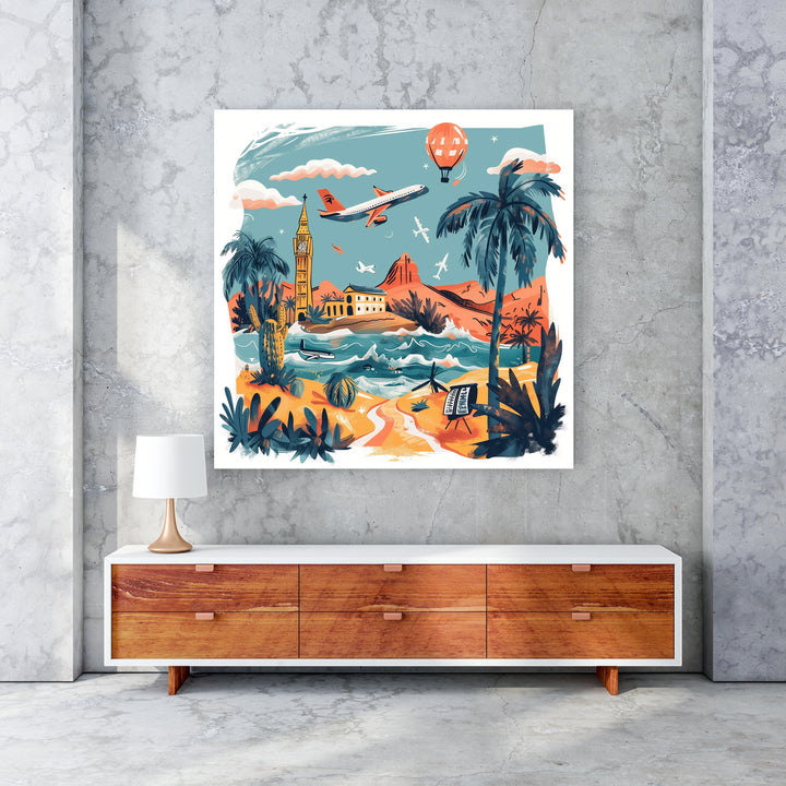 Wadi Home Global Travel Adventure Wall Art featuring a collage of travel destinations including Big Ben, tropical beaches, desert landscapes, and airplanes.