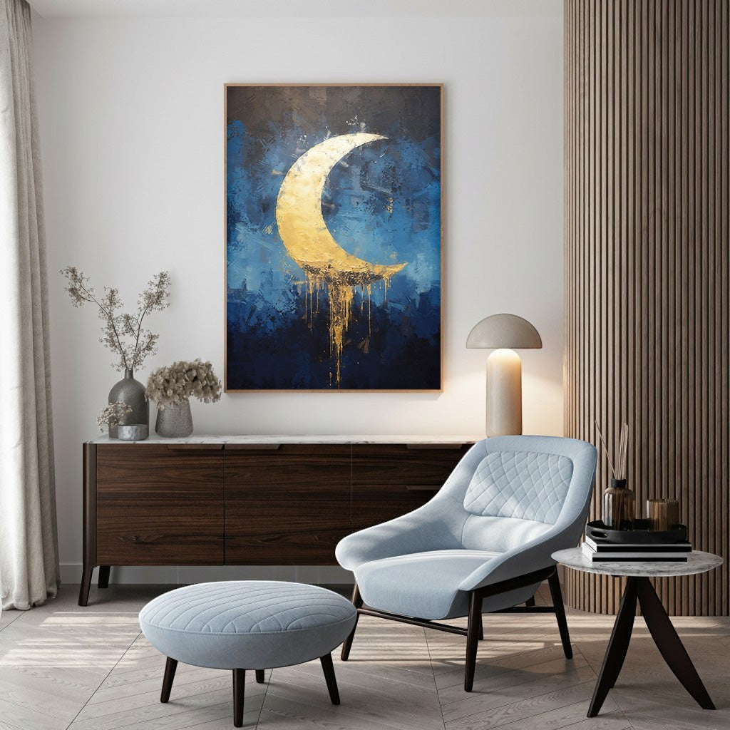 Wadi Home abstract wall art featuring a textured gold crescent moon against a deep blue and indigo background with gold drips.