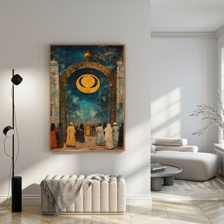 Wadi Home artwork: Golden crescent moon symbol above a gathering of figures in traditional attire under an ornate archway with deep blue and gold tones.