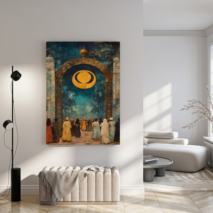 Wadi Home artwork: Golden crescent moon symbol above a gathering of figures under an ornate archway with deep blue and earthy tones.