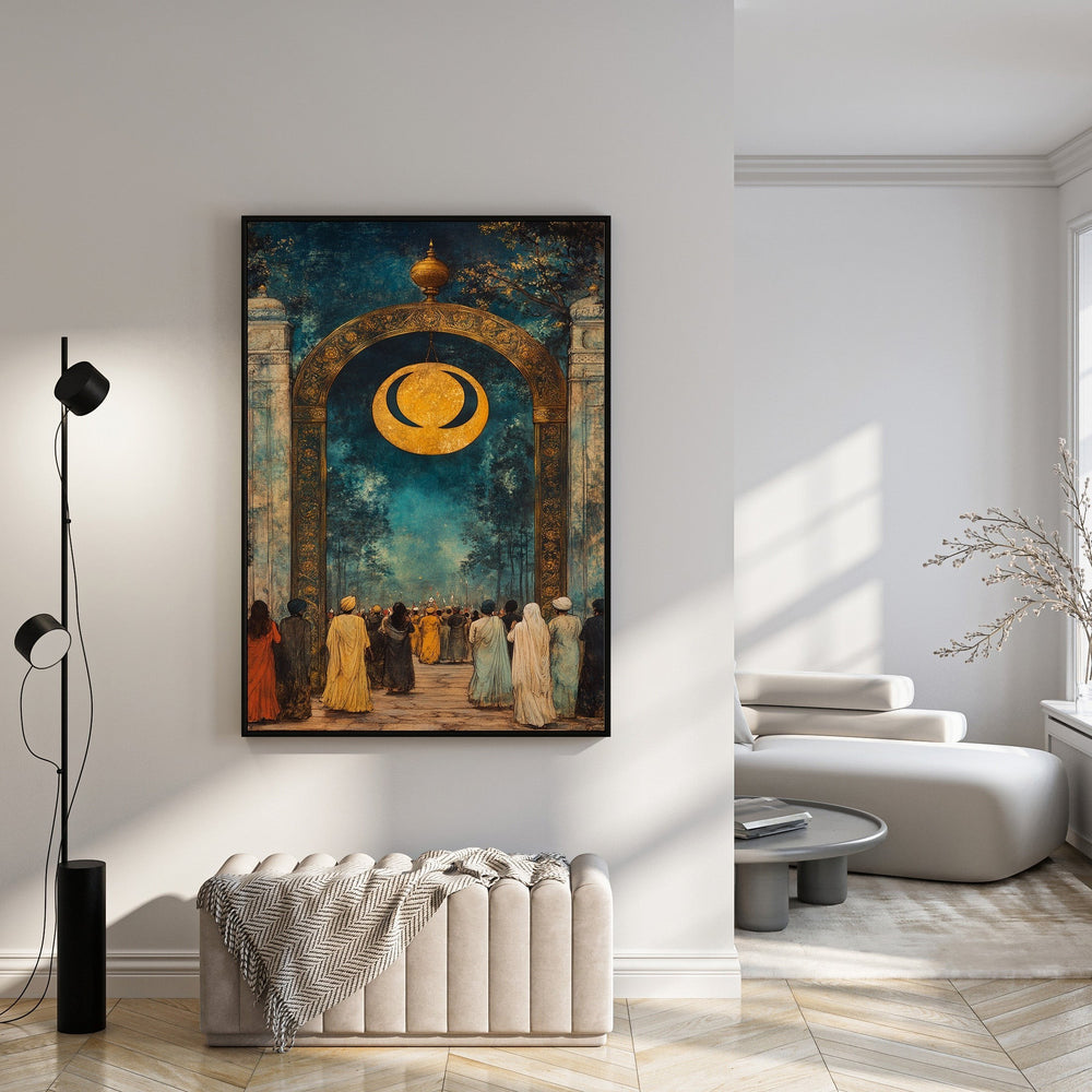 Wadi Home artwork: Golden crescent moon symbol above gathering of figures in traditional attire under an ornate archway with deep blue and earthy tones.