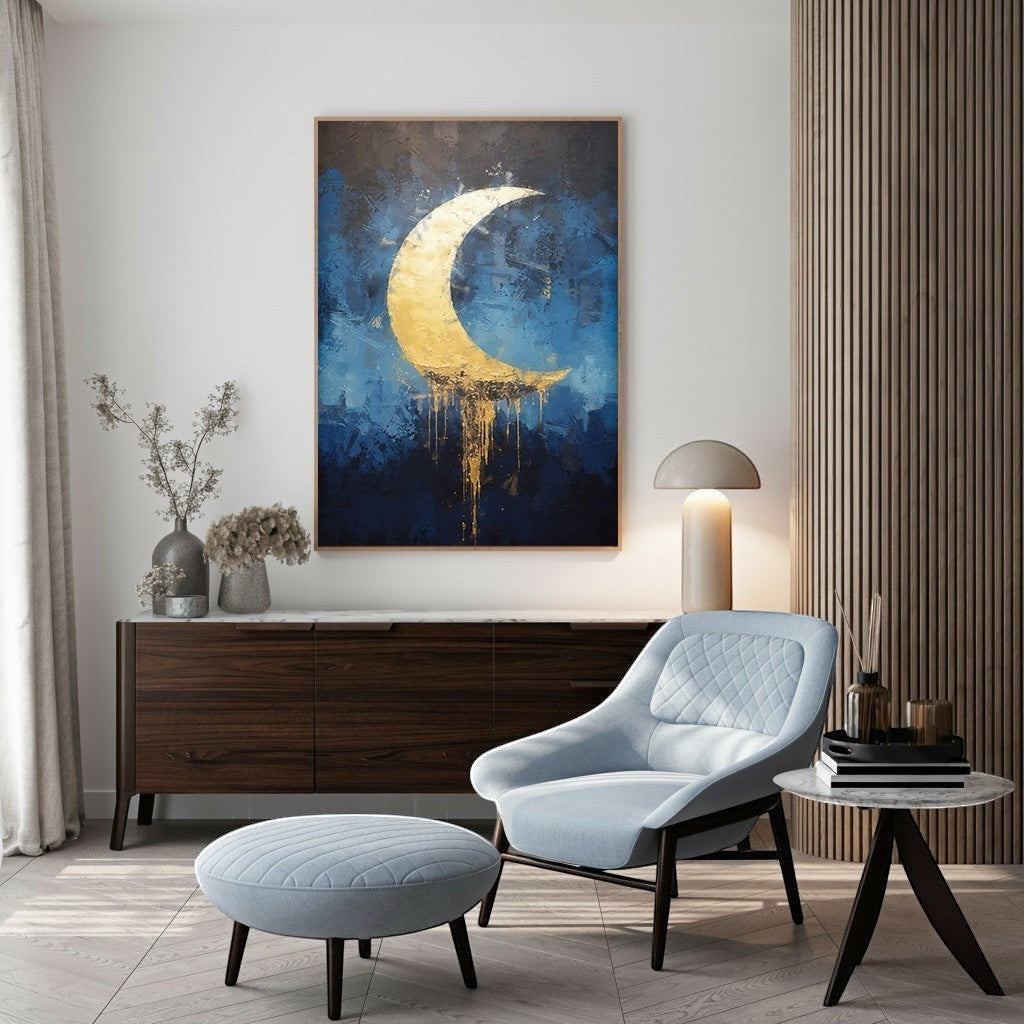 Wadi Home abstract golden crescent moon wall art with textured blue background and dripping gold accents.