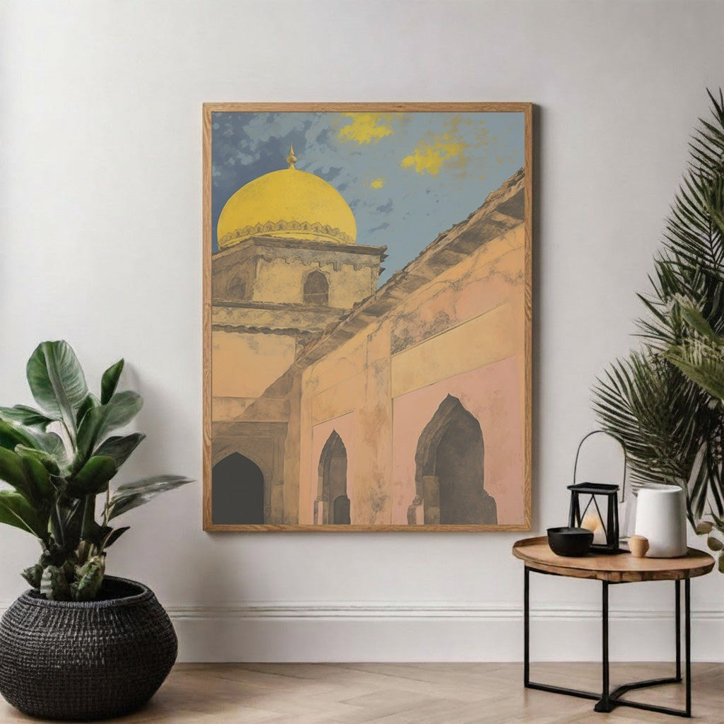 Wadi Home Golden Dome architectural print featuring a vibrant yellow dome, textured walls, and azure sky with clouds.