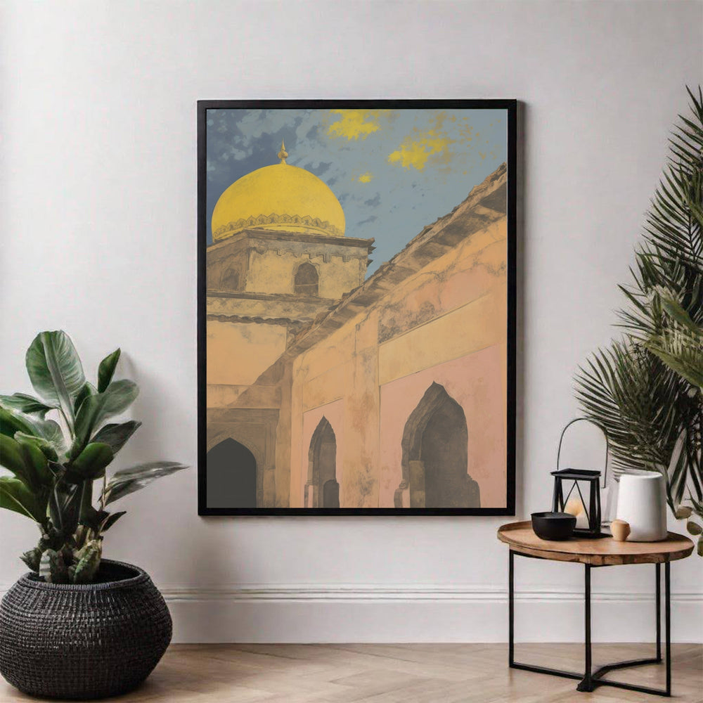 Wadi Home Golden Dome architectural print featuring a vibrant yellow dome, arched doorways, and textured walls against an azure sky.