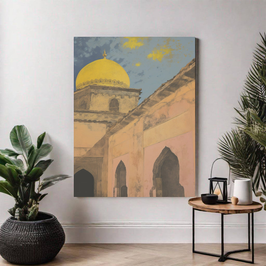 Wadi Home Golden Dome architectural print featuring a vibrant yellow dome, textured walls, and azure sky with yellow clouds.