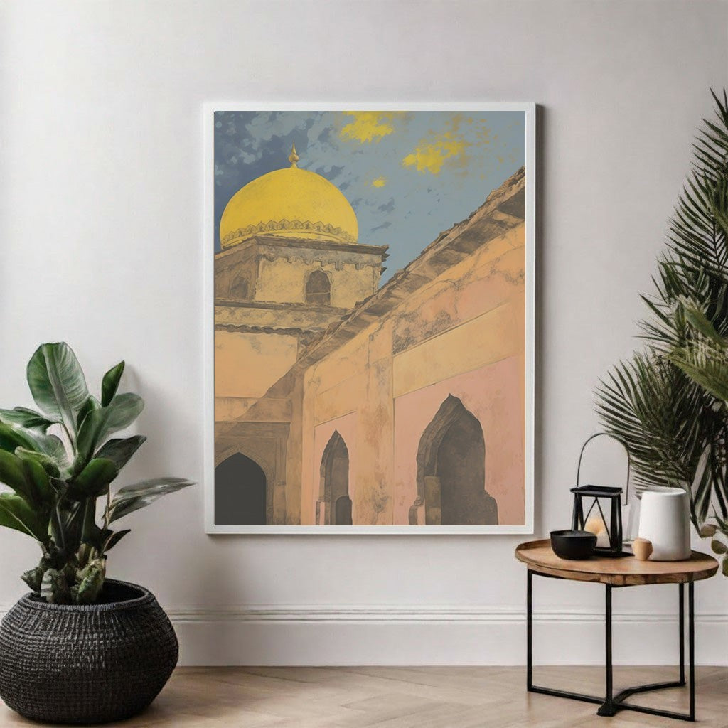 Wadi Home architectural print of a golden dome building with arched windows and textured walls under an azure sky.