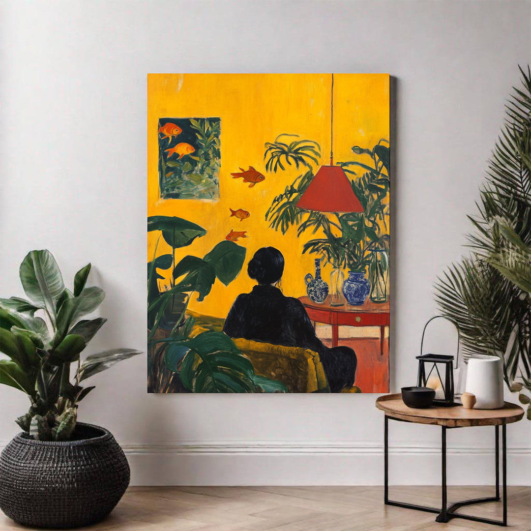 Wadi Home Golden Hour Serenity Wall Art painting of a woman in black relaxing on a yellow couch, surrounded by lush green plants and swimming goldfish.
