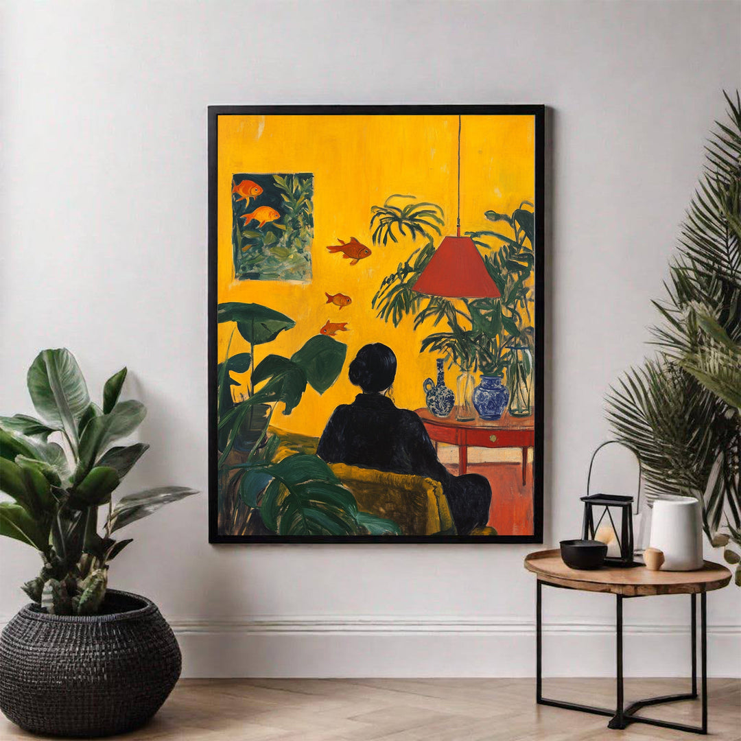 Wadi Home Golden Hour Serenity Wall Art painting of a woman in black relaxing on a yellow couch surrounded by lush green plants and goldfish.