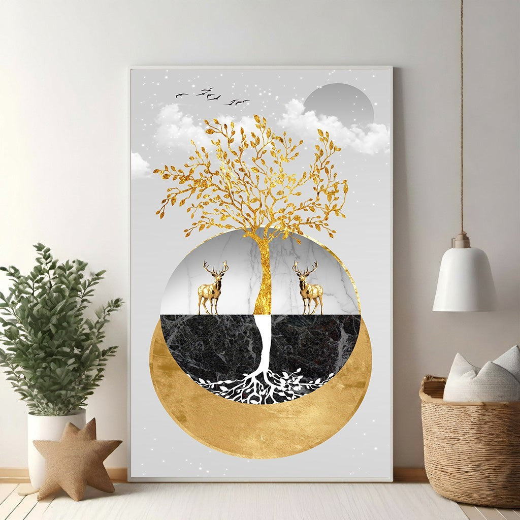 Wadi Home Golden Tree of Life wall art with two deer, marble, and dark stone textures. Modern abstract nature art.
