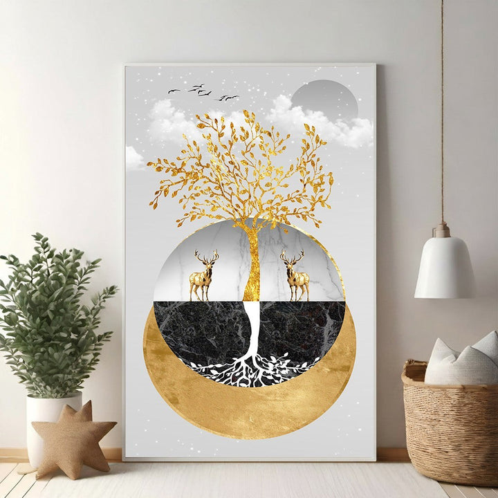 Wadi Home Golden Tree of Life wall art with two deer, marble, and dark stone textures. Modern abstract nature art.