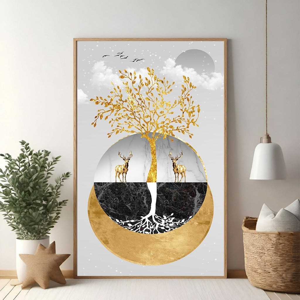 Wadi Home Golden Tree of Life wall art with two deer, marble, and dark stone textures. Modern abstract nature art.